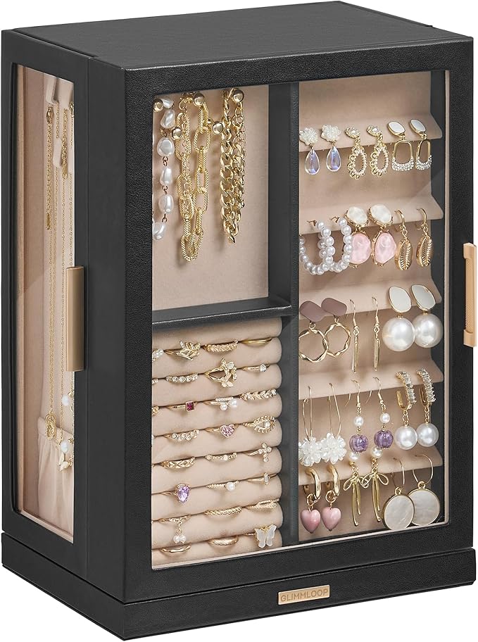 Glimmloop 360ÃÂ° Rotating Jewelry Box with 7 Drawers, Spacious Vertical Jewelry Organizer with Glass Window, Jewelry Storage Case, Dustproof & Moisture-resistant Design, Black