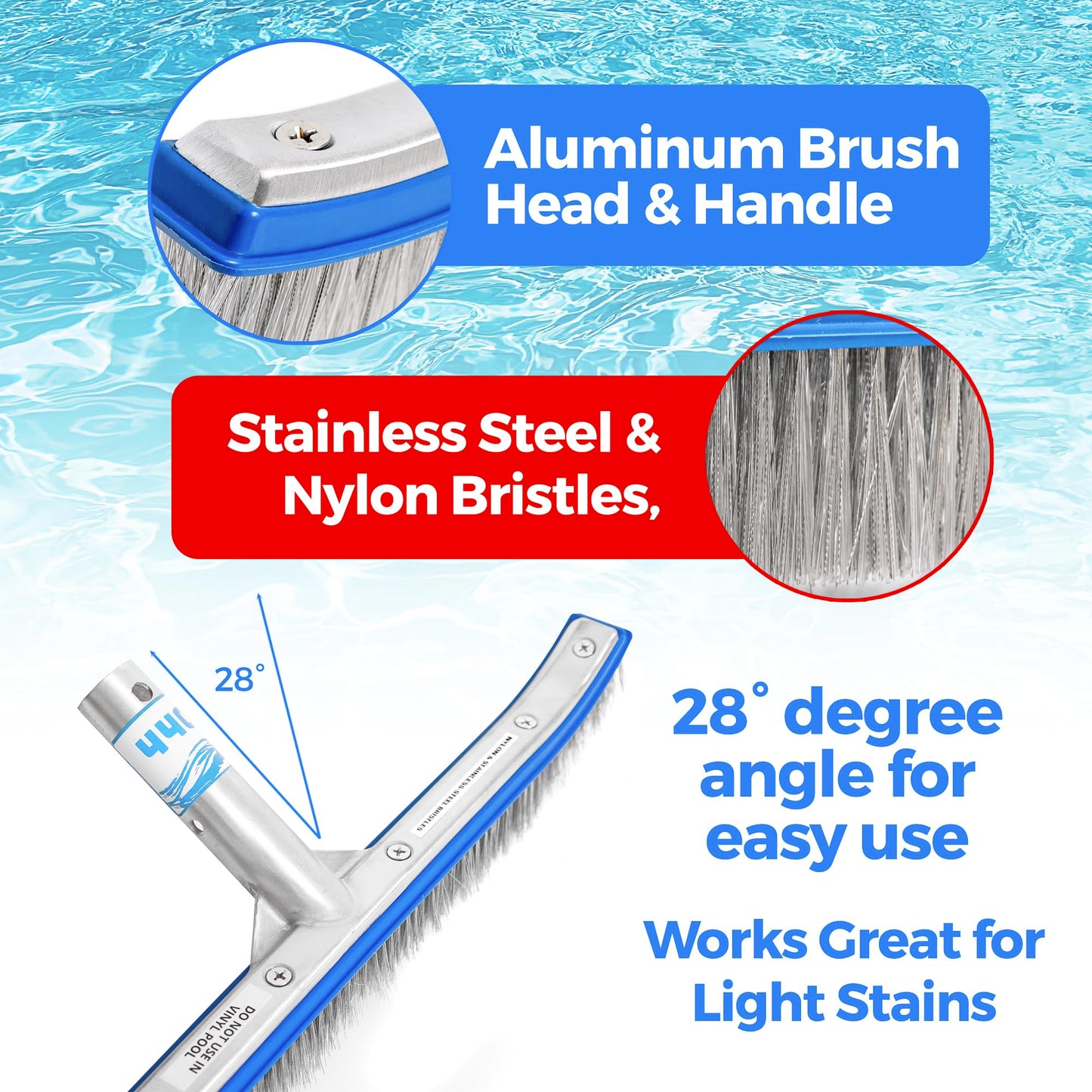440 Combo Nylon and Stainless Steel Pool Brush - 18-Inch Heavy Duty Pool Brush Head for Cleaning Inground Pool Tiles, Walls, Floor and Steps - Scrub Brush Replacement Head, Strong Bristles - No Pole