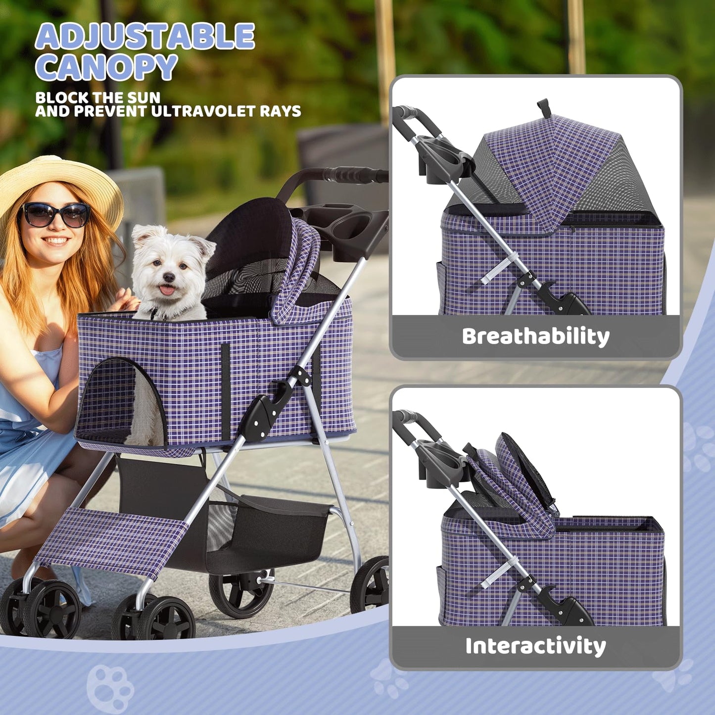 Magshion Foldable Pet Stroller, 3-in-1 Dog Travel Jogger with Detachable Carrier, Cup Holder, Storage Basket, Folding Carrier for Small/Medium Dogs & Cats Up to 33 lbs, Plaid