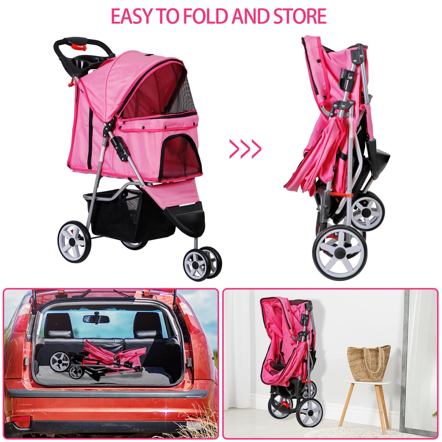 ZENY Foldable Pet Stroller, Cat/Dog Stroller with 3 Wheel, Pet Strolling Cart, Dog Travel Carrier with Storage Basket + Cup Holder (Pink)