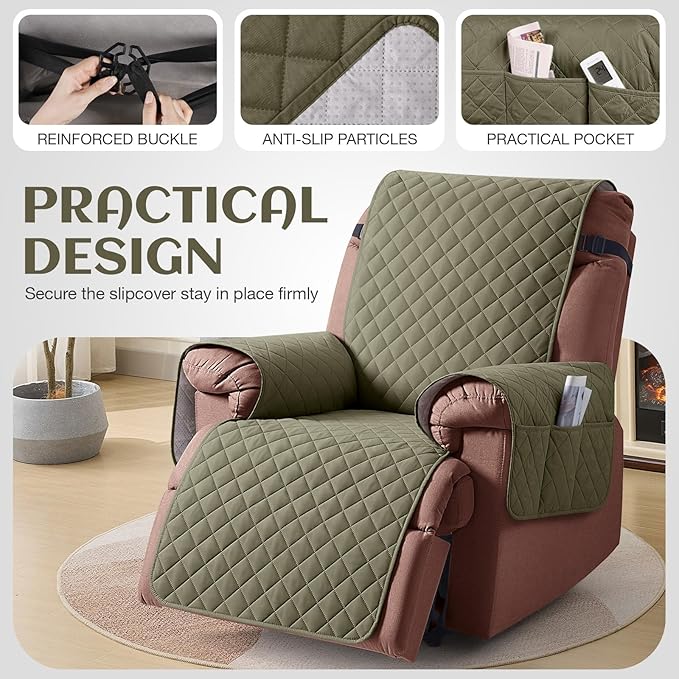 KinCam 100% Waterproof Recliner Chair Cover, Reclining Couch Covers for Pets, Dogs, Recliner Couch Slipcover Furniture Protector with Elastic Straps for Kids(23.6", Gray Green)