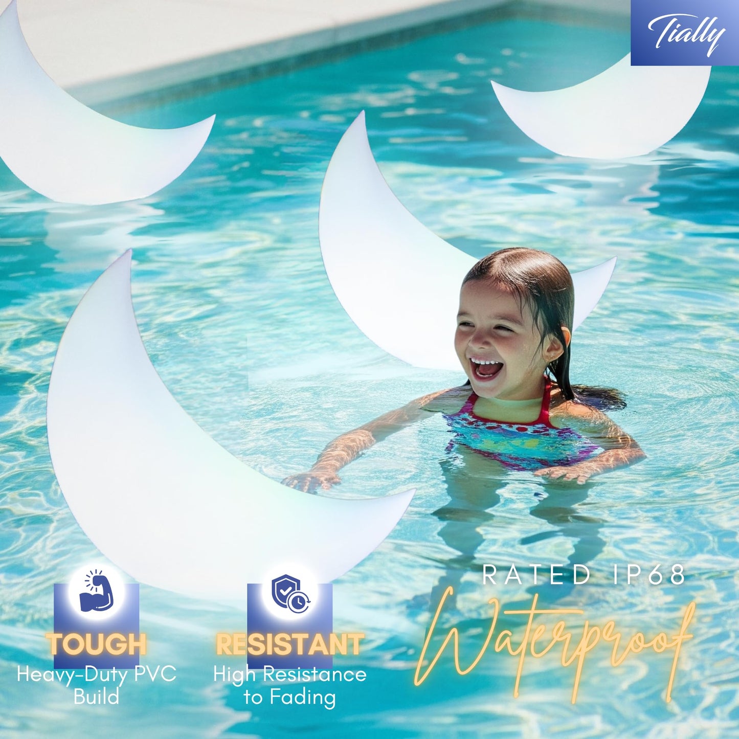 TIALLY Floating Pool Lights Solar Powered - 24" Crescent Moon Floating Pool Decorations, Floating Solar Pool Lights for Swimming Pool, Weddings, Pool Party Decor (2 Pack)