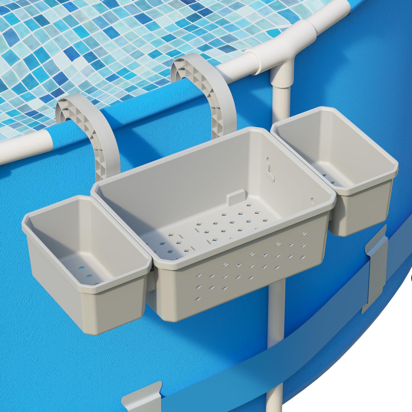POOLHOUR [Patented] Poolside Storage Basket with 2 Cup Holders, Stretchable Above Ground Pool Accessories Organizer, Multifunctional Poolside Holder for Most Frame Pool Accessories (1Pack)