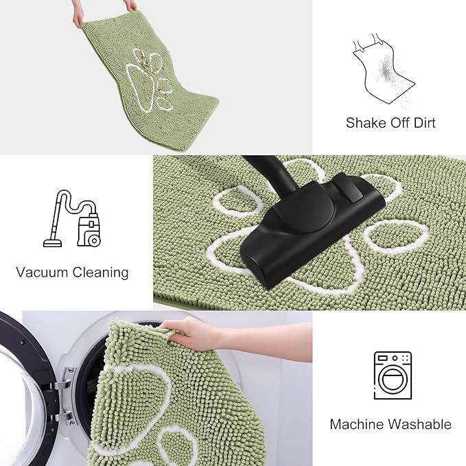 Smiry Dog Door Mat for Muddy Paws, Absorbent Dirt Trapper Non Slip Quick Dry Washable Chenille Mat for Mud Dogs, Entry Rug for Indoor and Outdoor (59x24 Inches, Sage Green and White)