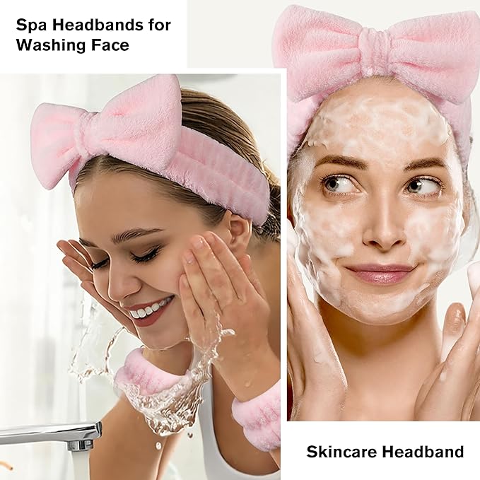 CWJCYTNSN 12PCS Spa Headband for Washing Face Wristbands Set Girls Pink Makeup Skincare Headbands with Silk Sleep Eye Mask Silicone Hair Clips Travel Bottles Hair Accessories for Women Gifts