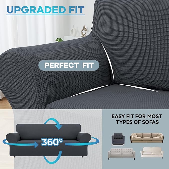 LURKA Stretch Sofa Slipcovers 1 Piece Couch Covers for 3 Cushion Couch Sofa Furniture Protector Full Sofa Covers with Elastic Bottom for Kids and Dog (Dark Grey, Large)