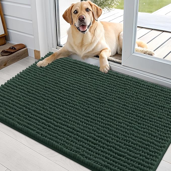 OLANLY Dog Door Mat for Muddy Paws 36x24, Ultra Absorbent Chenille Mud Doormat, Non-Slip Washable and Dirt Trapping Doormat for Indoor Entryway, Quick-Dry Indoor Pet Bed Mats for Dogs, Blackish Green