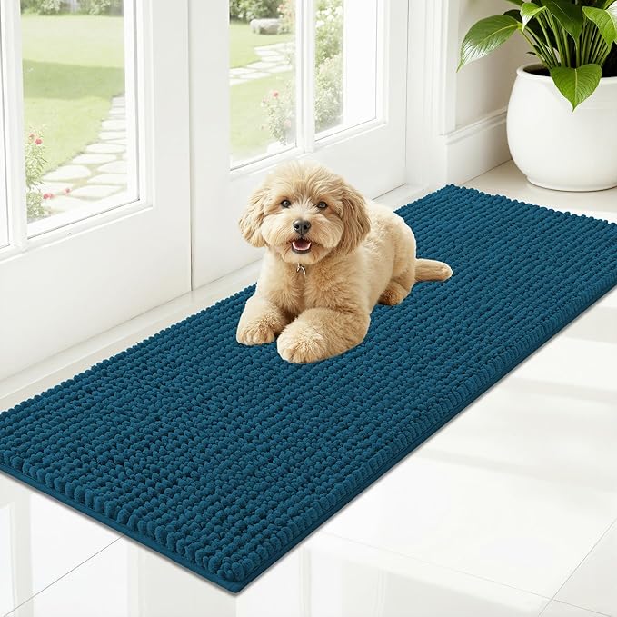 OLANLY Dog Door Mat for Muddy Paws 47x17, Ultra Absorbent Chenille Mud Doormat, Non-Slip Washable and Dirt Trapping Doormat for Indoor Entryway, Quick-Dry Indoor Pet Bed Mats for Dogs, Atlantic Blue