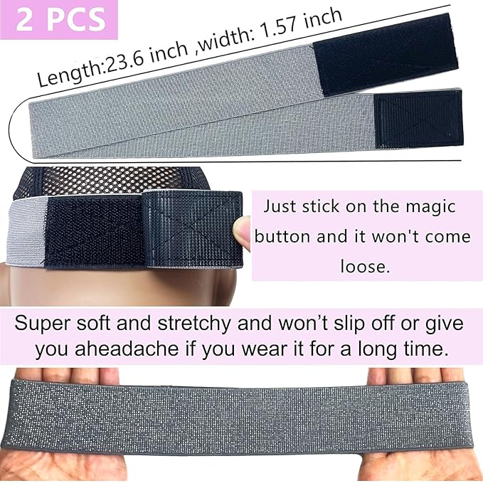Elastic Bands for Lace Frontal Wigs and Edges - Adjustable Edge Wrap with Magic Buckle, Melting Band to Lay Edges and Keep Wig Grip - 2 Pcs Wig Accessories