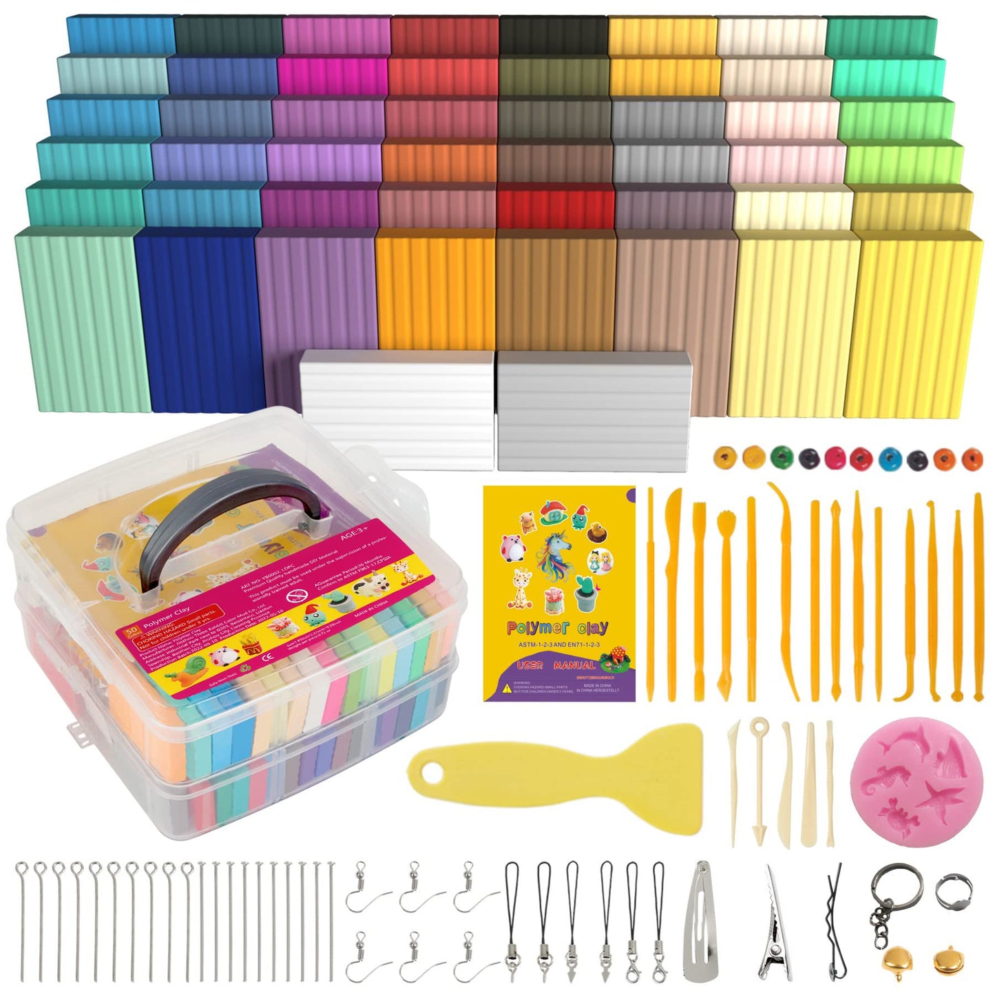 Polymer Clay 50 Colors, Modeling Clay for Kids DIY Starter Kits, Oven Baked Model Clay, Non-Sticky Molding Clay with Sculpting Tools, Gift for Children and Artists (50 Colors)