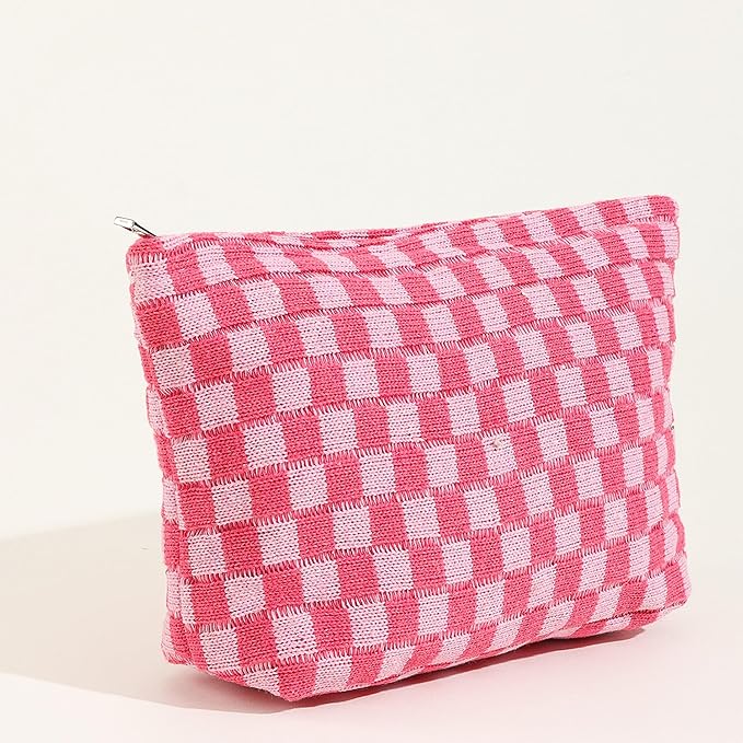 Cosmetic Bags for Women - Corduroy Cosmetic Bag Aesthetic Women Handbags Purses Smile Dots Makeup Organizer Storage Makeup Bag Girls Case Bags (Q-Checkered pink)