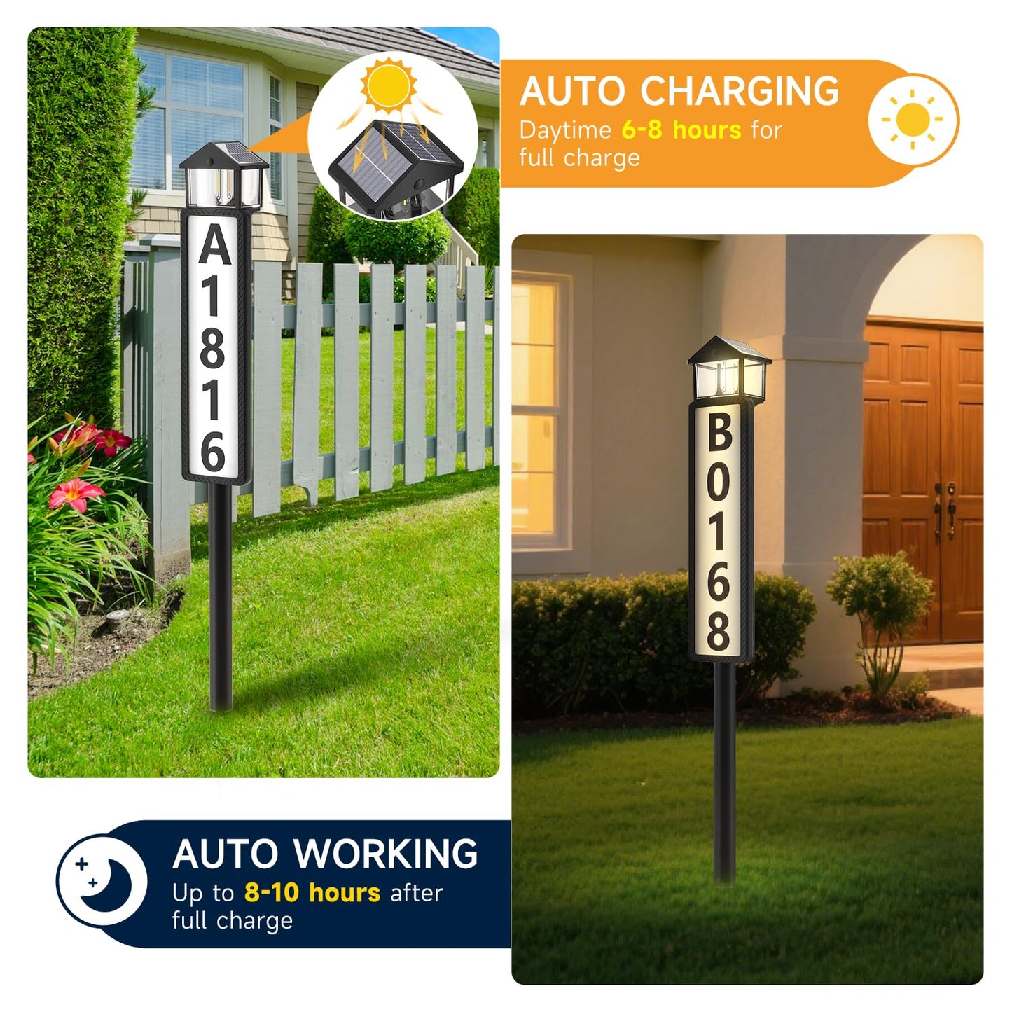 GJB Solar Address Sign for Outside, Solar Powered House Numbers Light with 3 Color Modes, Waterproof LED Illuminated Address Plaque with Stake, Numbers & Letters Included (Matte Black)