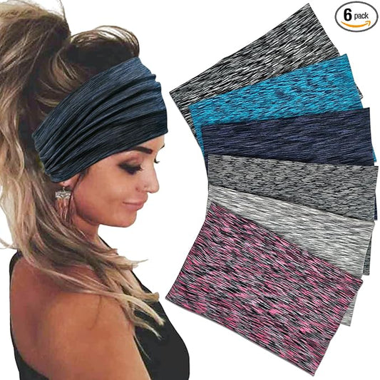 Sefiinh Wide Headbands For Women Stretch Headband Boho Head Bands Women's Hair Band Turban Workout Hairband Accessories Space Dyed 6 Pack