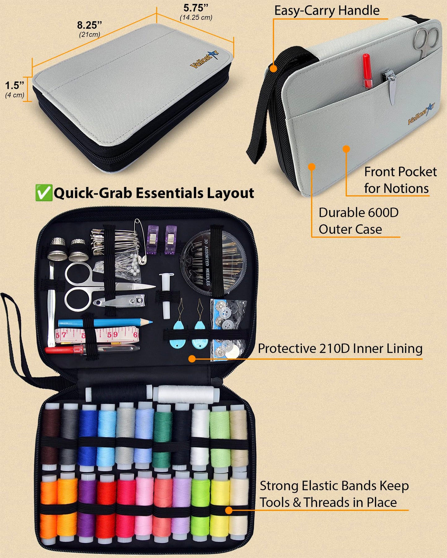 Easy to Use Light Grey Sewing Kit - Christmas Gifts for Girls, Teens, Moms & Kids - Beginner Hand Sew Kit for Clothing Repairs. Includes 30 Needles, Thread, and All Essential Supplies for Small Fixes