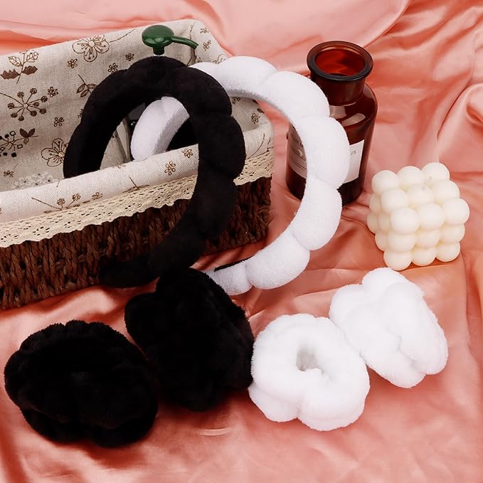 SPA Headbands for Washing Face Makeup Headbands with Bow Hair Band Women Facial Head Band Wrist Towel Wraps For Shower Face Mask Black White, 6 Pack