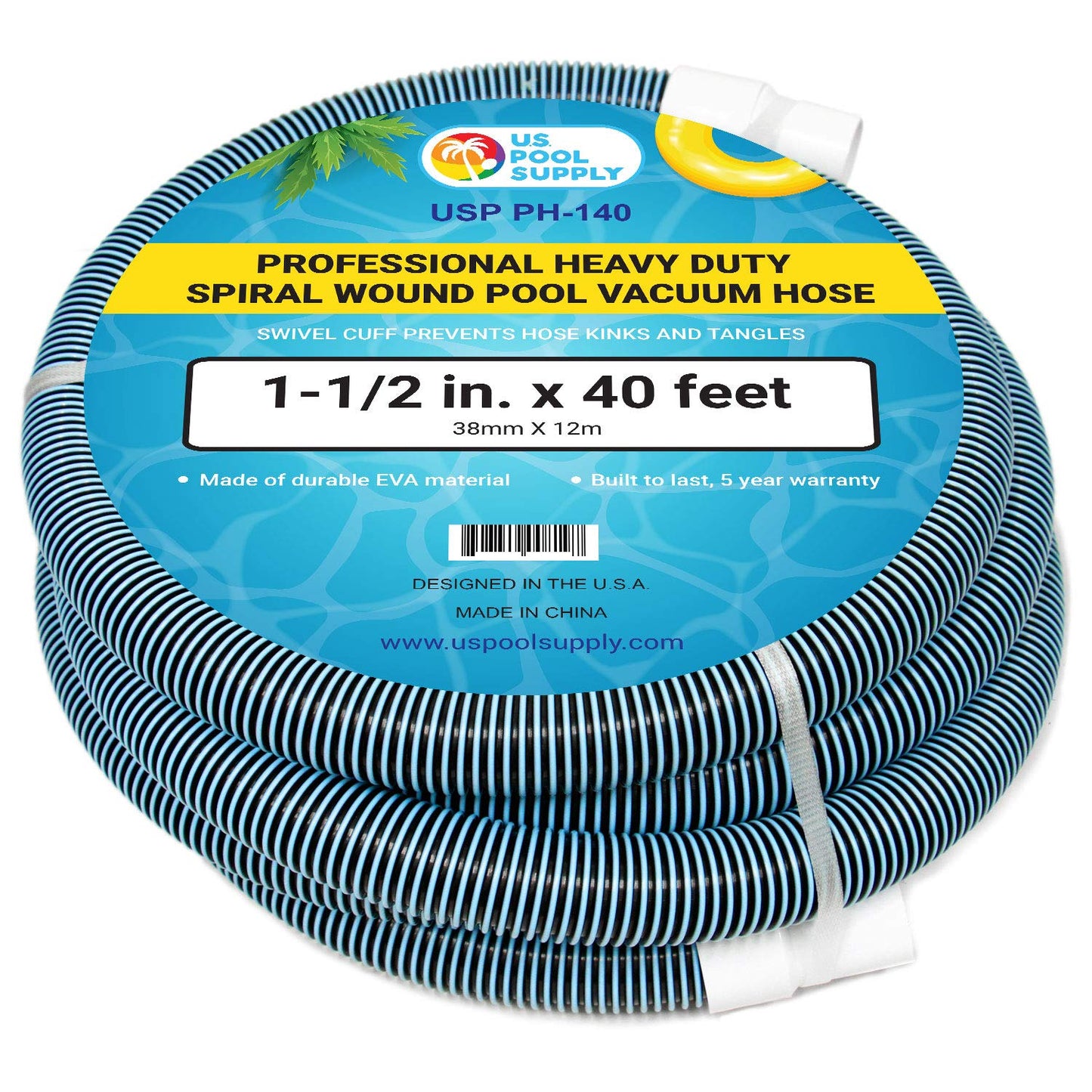 U.S. Pool Supply Pool Vacuum Hose - 1-1/2" x 40' Professional Heavy Duty Pool Hose for Inground, Spiral Wound with Kink-Free Swivel Cuff - Connect to Vacuum Heads, Skimmer, Cleaner, Filter Pump Inlet