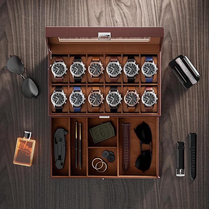 ProCase Watch Box, 12 Slot Mens Watch Case With Drawer, 2-Layer Watch Display Case With Glass Lid, Mens Jewelry Box Storage Holder Organizer, Birthday Valentine Gifts for Men -12Slot, Espresso