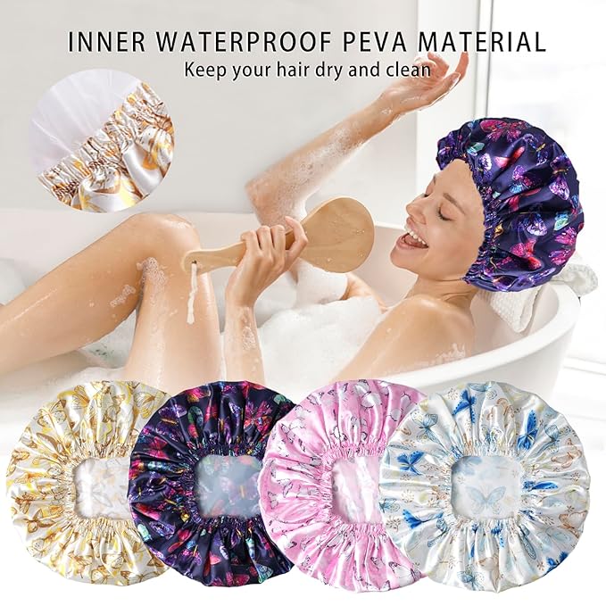 Shower Cap for Women,4 PCS Elastic and Reusable Bath Caps, Double Layers Shower Caps Reusable Waterproof, Bathing Shower Caps, Environmental Bath Hair Protection Cap - Butterfly D
