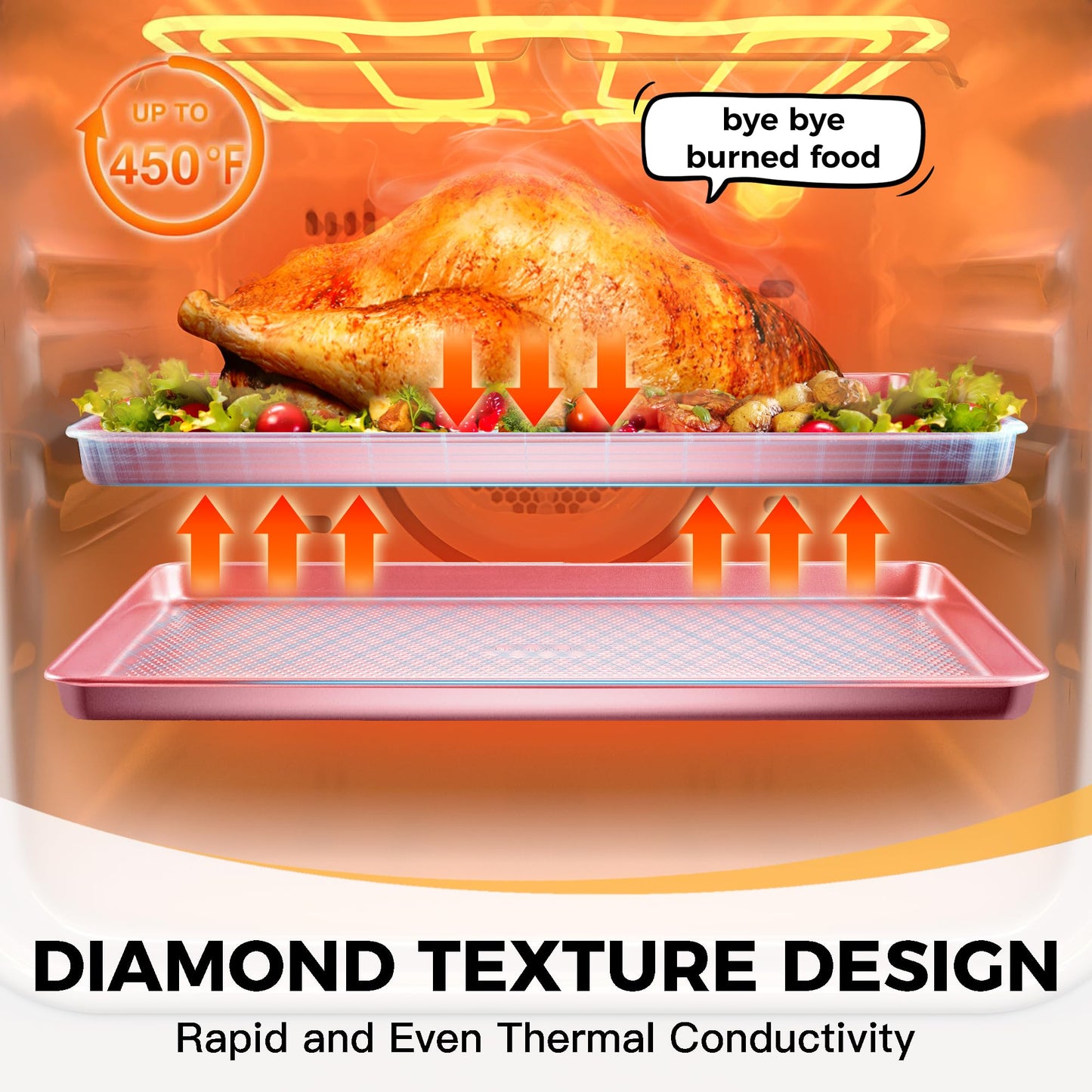 HONGBAKE 9-Piece Baking Pans Set Nonstick, Stackable Non Toxic Bakeware Sets with Diamond Texture, Oven Pan Set for Cooking, Includes Cookie Sheet with Rack, Cake Pan, Roasting Pan, Muffin Tin, Pink