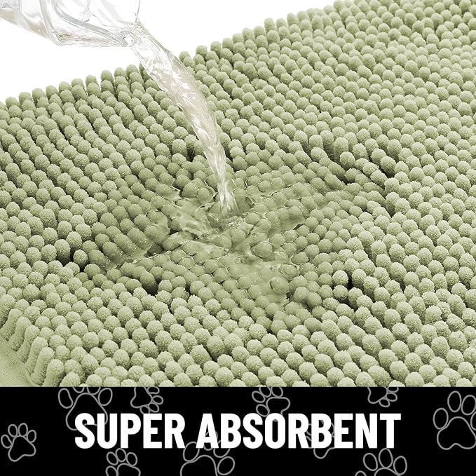 Smiry Dog Door Mat for Muddy Paws, Absorbent Dirt Trapper Non Slip Quick Dry Washable Chenille Mat for Mud Dogs, Entry Rug for Indoor and Outdoor (40x32 Inches, Sage Green and White)