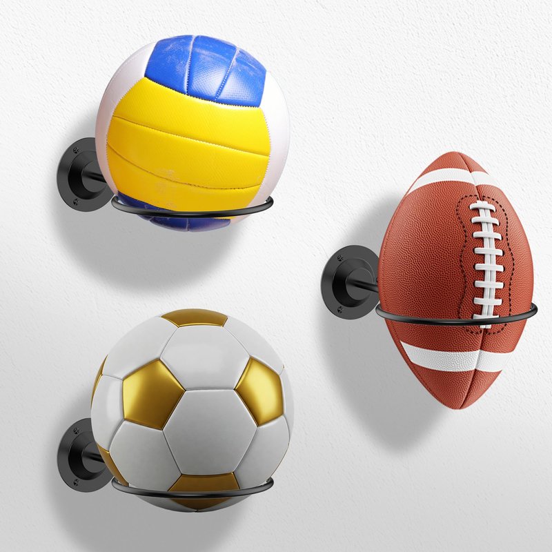 Suchek Metal Ball Holder Rack Wall Mounted, Display Wall Storage for Soccer, Basketball, Volleyball, Rugby, Football (2 Pieces, Black)