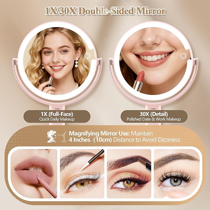 Makeup Mirror with Lights, Double Sided 1x/30x Magnifying Mirror with Light, Rechargeable 3 Color Lights and Adjustable Brightness, 360° Rotation Detachable Comes with Tweezer(Pink)