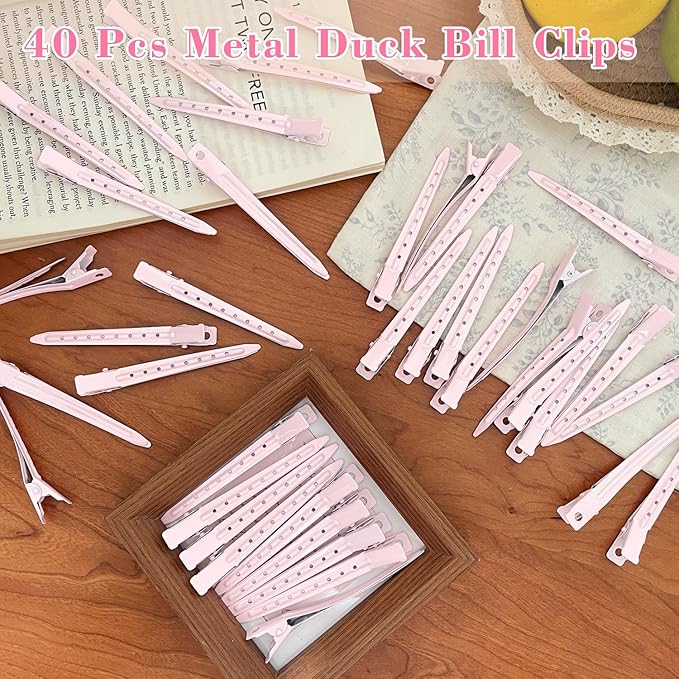 40 PCS 3.5 Inch Pink Duck Billed Clips,Metal Alligator Curl Hair Clips with Holes for Styling, Coloring, Thick Hair Rollers, Salon Use,Alligator Clips for Women for Thick Hair & Thin Hair,Pink