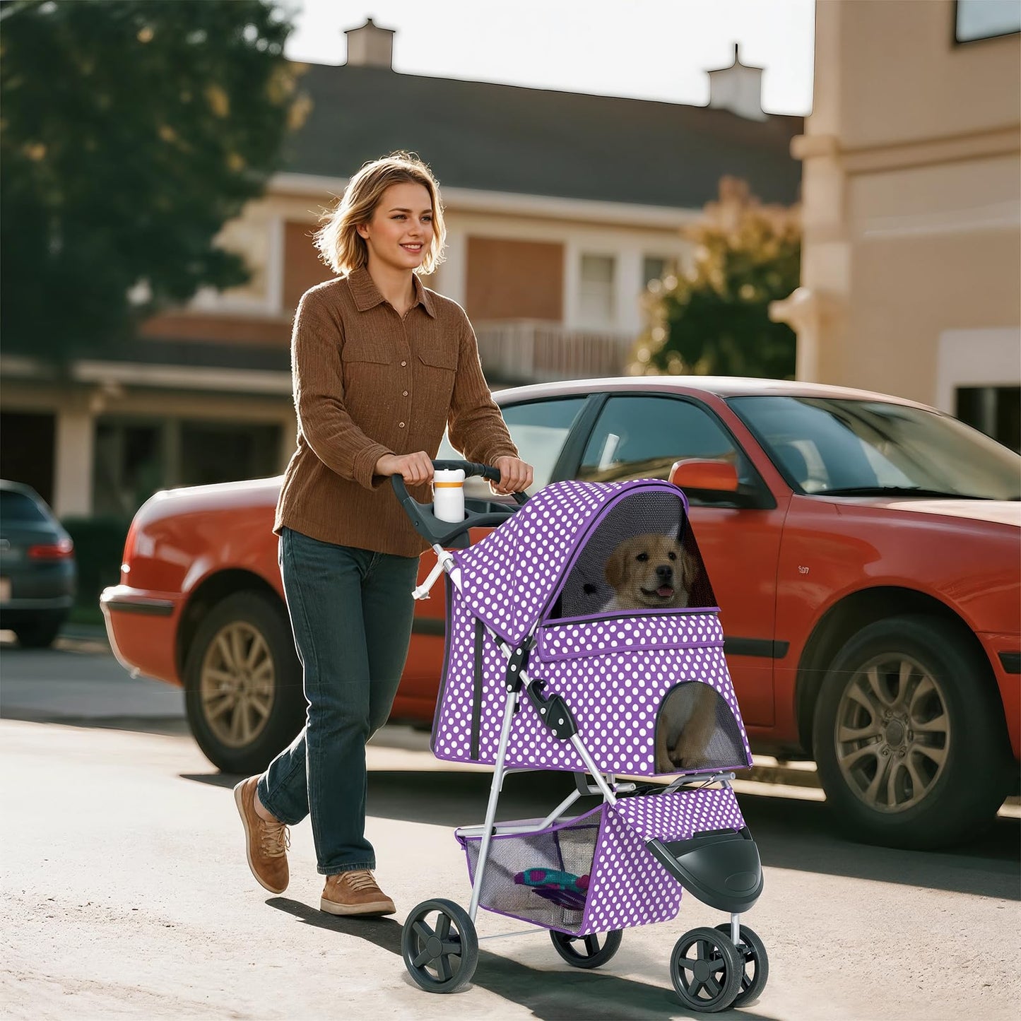 Pet Stroller for Small Dogs 10 lbs, Dog Stroller for Medium Dogs 30 lbs, Cat Strollers for 2 Cats, 3 Wheels Foldable Jogger Puppy Stroller with Storage Basket and Cup Holder, Purple Polka Dots