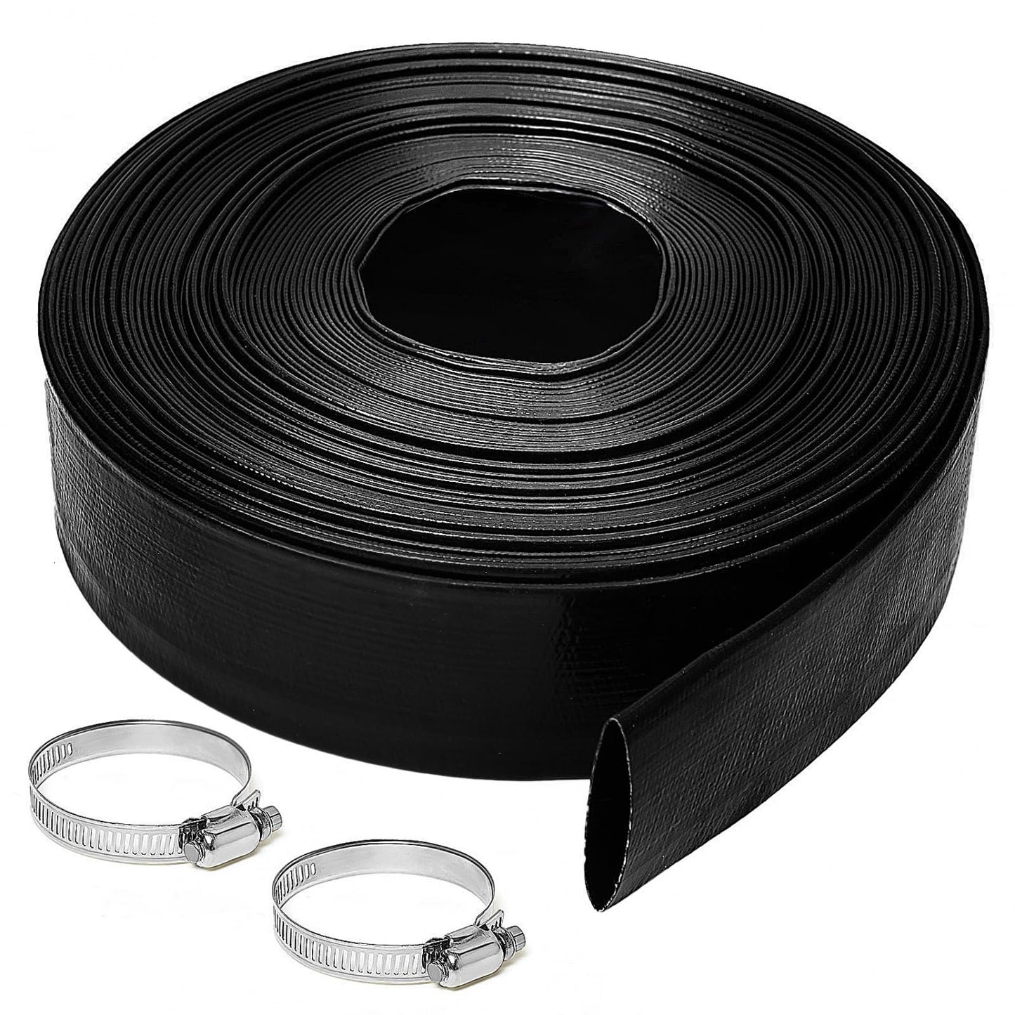 Gonioa 2 inches x 100 FT Heavy-Duty PVC Swimming Pool Backwash Hose, Reinforced Discharge Hose with Clamp for Swimming Pools, Black