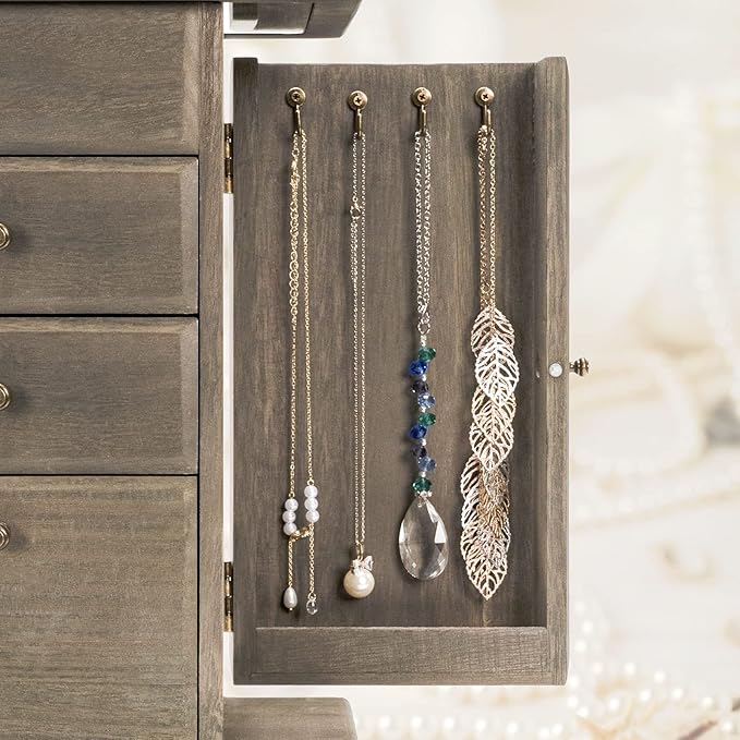Emfogo Jewelry Box for Women, Rustic Wooden Jewelry Boxes & Organizers with Mirror, 4 Layer Jewelry Organizer Box Display for Rings Earrings Necklaces Bracelets (Weathered Gray)