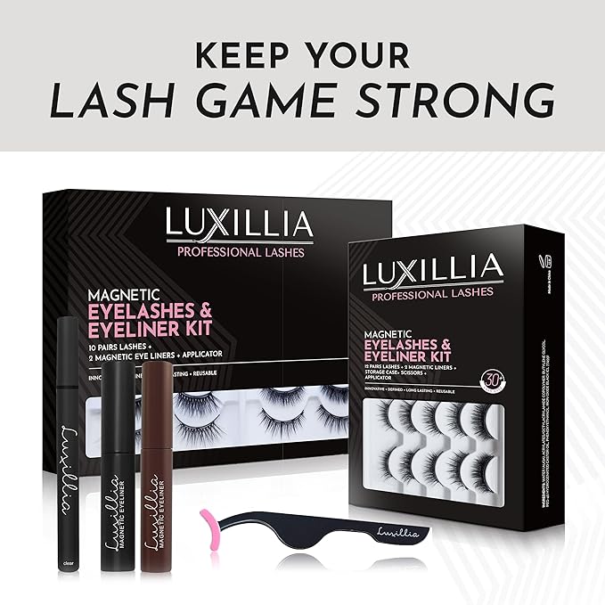 Luxillia 10-Piece Clear & Black Magnetic Eyelashes with Applicator & Magnetic Eyeliner Kit – Reusable Natural Magnetic Lashes – Easy Apply Lash Kit for Beginners – Waterproof Dramatic Looks