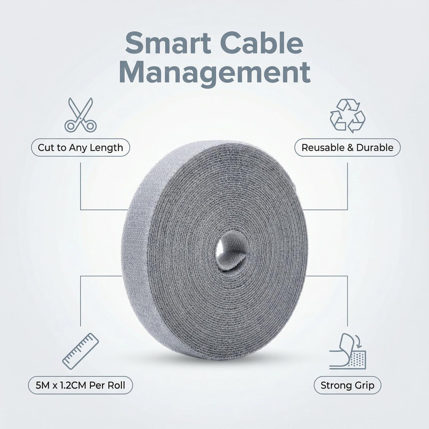 Cable Ties Adjustable and Reusable, 5M x 1.2CM Self-Gripping Hook and Loop Wire Organizer, Cord Management Kit for Home Office Computer Data Cables(Gray)