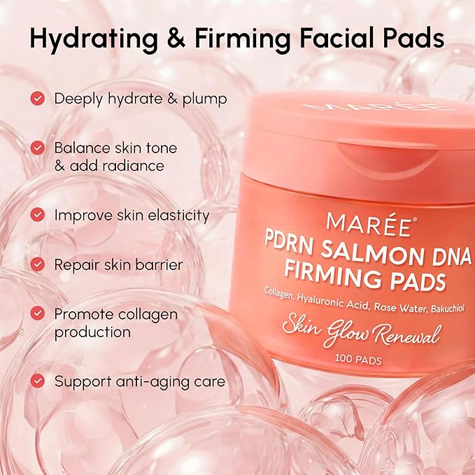 MAREE PDRN Salmon DNA Toner Pads for Face - Firming Facial Polishes with Salmon PDRN, Collagen, Hyaluronic Acid, Bakuchiol - Anti Wrinkle Anti Aging Care, Acne Treatment Device Acne Pads