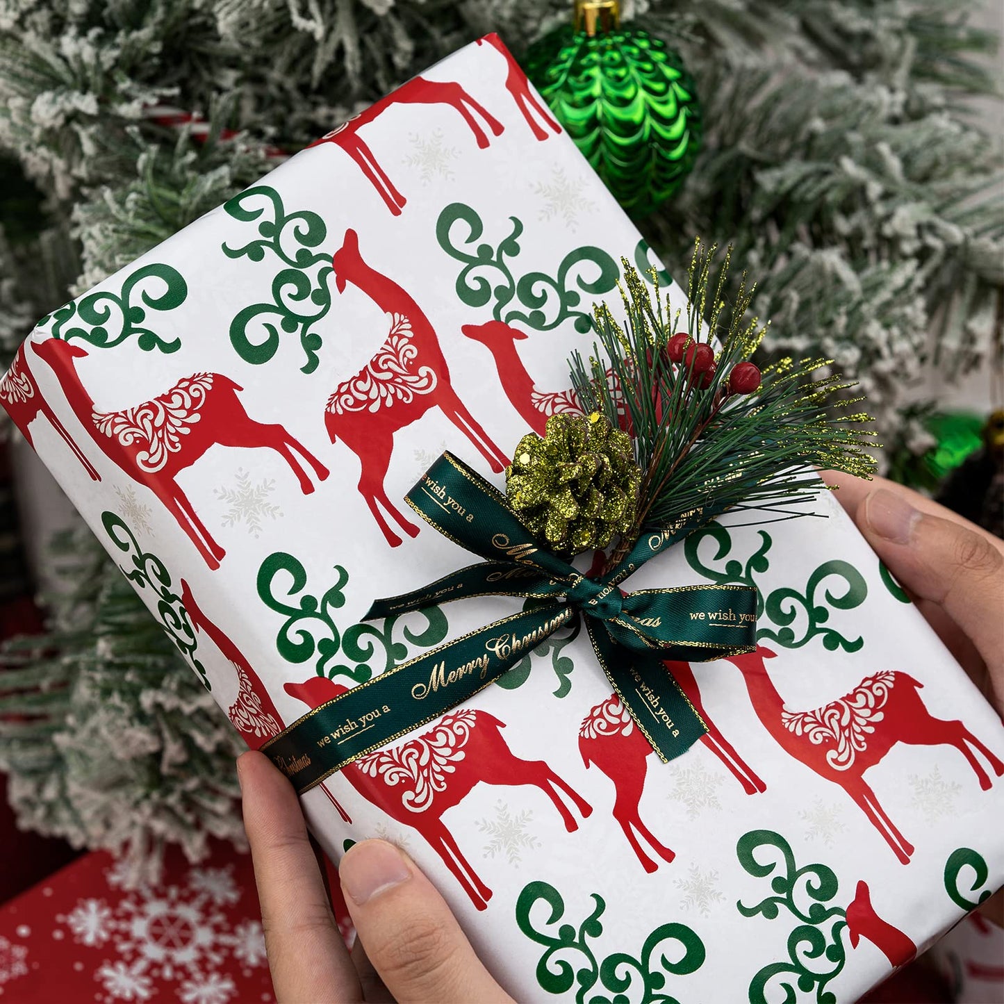 MAYPLUSS Christmas Reversible Wrapping Paper Jumbo Roll - 30 Inches x 100 Feet - Red Green Reindeer and Snowflakes