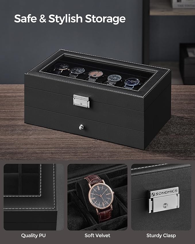 SONGMICS Watch Box, 12-Slot Watch Case Organizer with Large Glass Lid, 2 Layers, Removable Pillows, Metal Lock, Gift for Loved Ones, Black Synthetic Leather, Black Lining UJWB012B03
