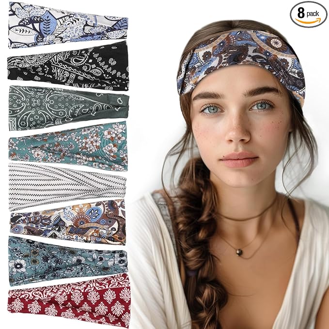 obeoby 8 Pack Headbands for Women, Boho Style Headbands for Summer Vacation Music Festival Outfits Non Slip Fashion Wide Hairband Mothers Day Gift