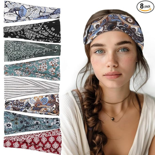 obeoby 8 Pack Headbands for Women, Boho Style Headbands for Summer Vacation Music Festival Outfits Non Slip Fashion Wide Hairband Mothers Day Gift