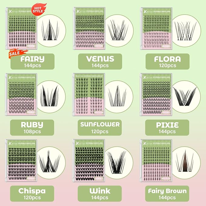 KEYYOU Fairy Wink Lash Clusters Kit Lash Extension Kit D Curl 144Pcs Eyelash Extension Wispy Natural Invisible Band with Waterproof DIY at Home(Fairy Wink-D-8-18MIX)
