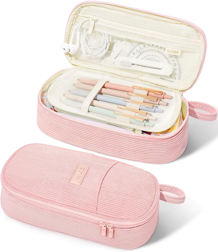 SUNEE Cute Pencil Case, Large Pencil Pouch, Aesthetic Big Pencil Bag with Zipper, Kawaii Stationery Storage and Organizer, Soft Corduroy Bag School Supplies for Teen and Adult, Boys&Girls, Soft Pink