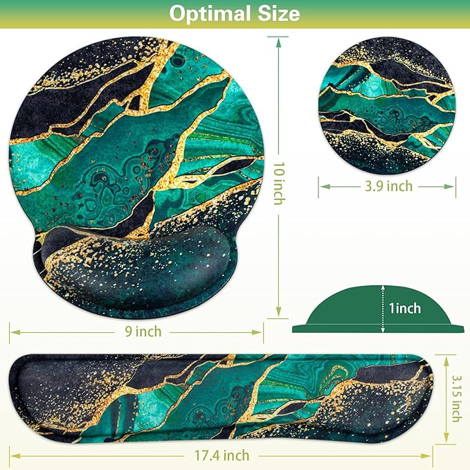 Mouse Pad Green with Wrist Rest Set, 3-in-1 Wrist Support Mousepad Set, Gaming Mat Pad with Anti-Skid Base,Ergonomic Mouse Pad,Memory Foam Gel Wrist Rest for Computer Keyboard