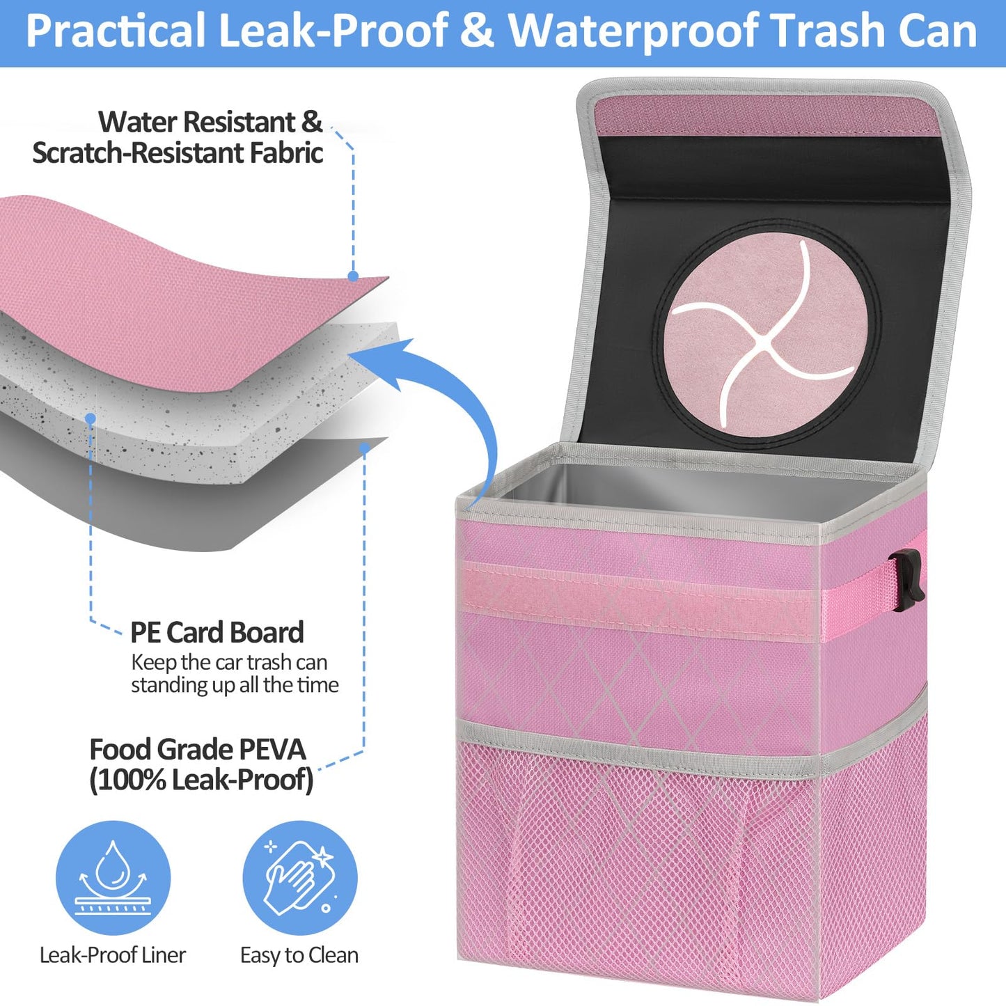 ELONGRIVER Car Trash Can Bin for Back Seat Leak Proof, Cute Car Trash Bag Hanging, Vehicle Trash Can for SUV Truck Van, Automotive Garbage Cans Front Seat Pink