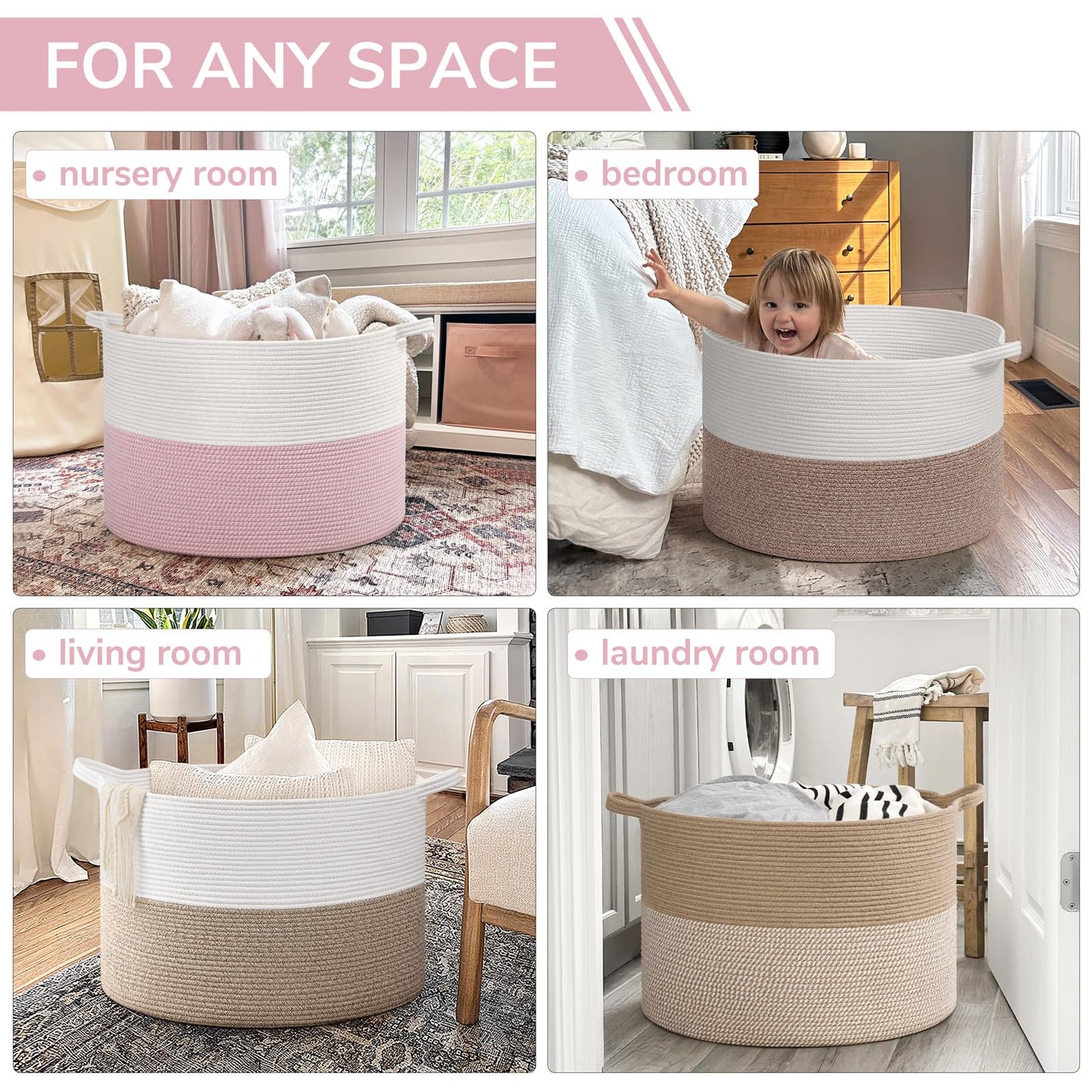 INDRESSME 115L Extra Large Pink Laundry Basket for Nursery Stuffed Animal Storage, Blanket Rope Baby Baskets Kids Toy Organizer Dorm Room Essentials for Girls, Pink