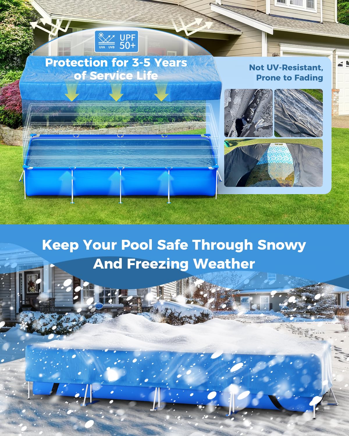 Reinmoson Rectangle Pool Covers for Above Ground Pools Fits 12’ x 7’ to 15’ x 8’ Pools, Rectangular Inflatable Pool Cover with Elastic Edge & Integrated Drawstring for Bestway/Intex/Coleman Pool