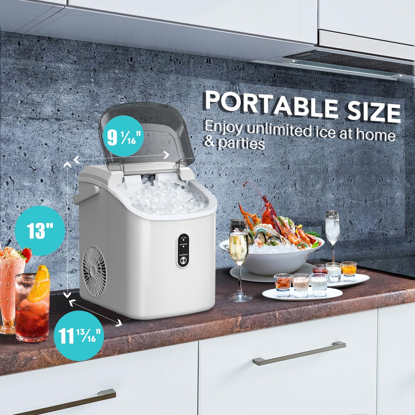 FREE VILLAGE Nugget Ice Makers Countertop, Pebble Ice Maker Machine with Soft Chewable Ice, 34Lbs/Day, Self-Cleaning, One-Click Operation, Pellet Ice Maker with Ice Scoop for Home Kitchen Office Bar