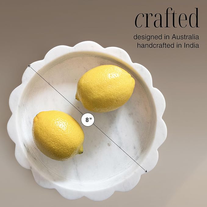 STRONA White Scalloped Marble Tray - 8" Round Stone Vanity Tray for Perfume & Jewelry, Marble Dish for Bathroom Countertop & Kitchen Counter, Decorative Tray for Bathroom & Kitchen, Modern Catchall