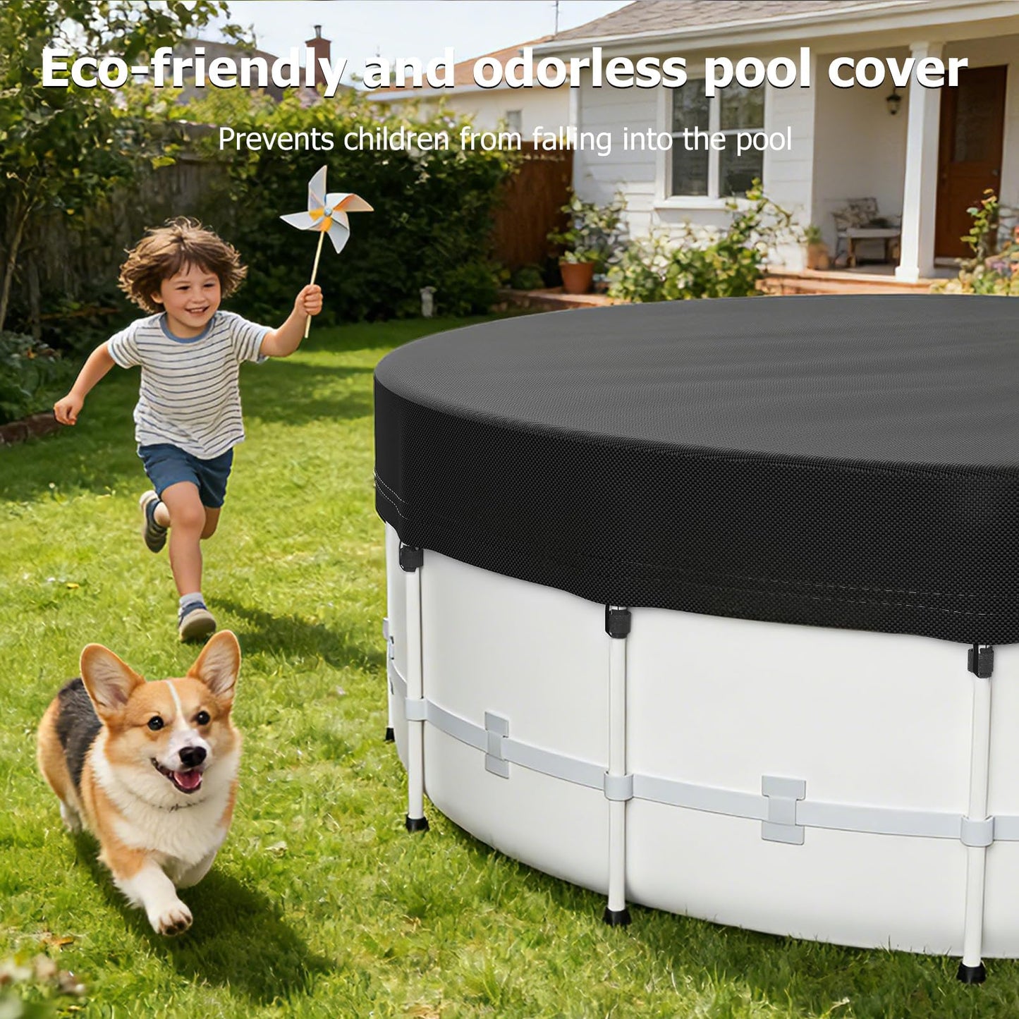 12 Ft Round Pool Cover for Metal Frame Above Ground Pools - Upgraded Windproof Design Compatible with Intex/Bestway Frame Above Ground Outdoor Swimming Pool (Black)
