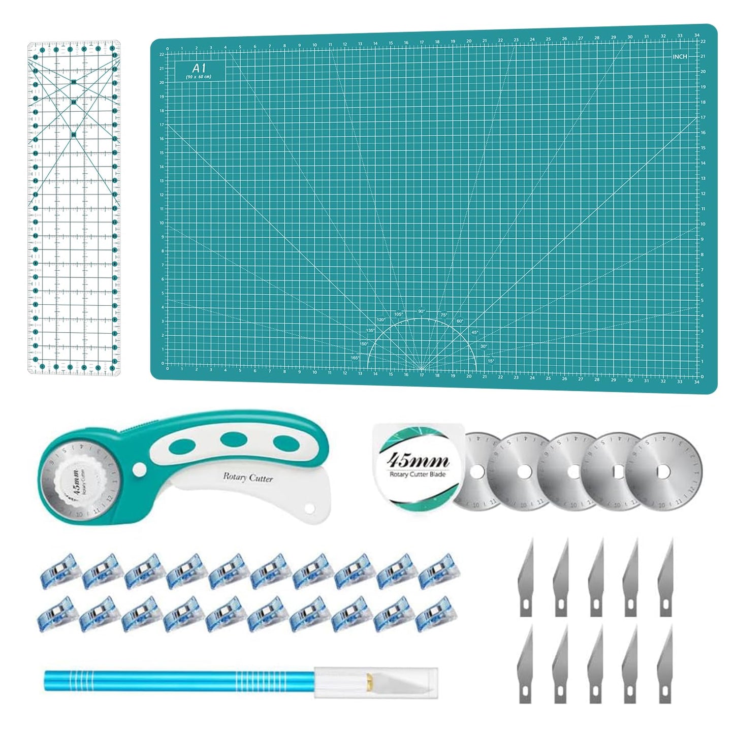 Rotary Cutter Set - Quilting Kit incl. 45mm Fabric Cutter, 5 Replacement Blades, A1 Cutting Mat, Acrylic Quilting Ruler and Sewing Clips, Craft Knife Set, Ideal for Crafting, Sewing, Patchworking