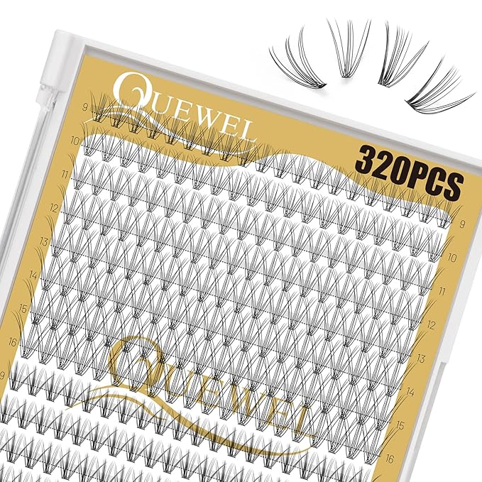 QUEWEL Lash Clusters 320Pcs Cluster Lashes 10D+20D D Curl Lash Cluster Eyelash Extensions Mix9-16mm Individual Eyelashes Clusters Wispy Lash Clusters Thin Band Soft to Use at Home(10D+20D D Mix9-16)
