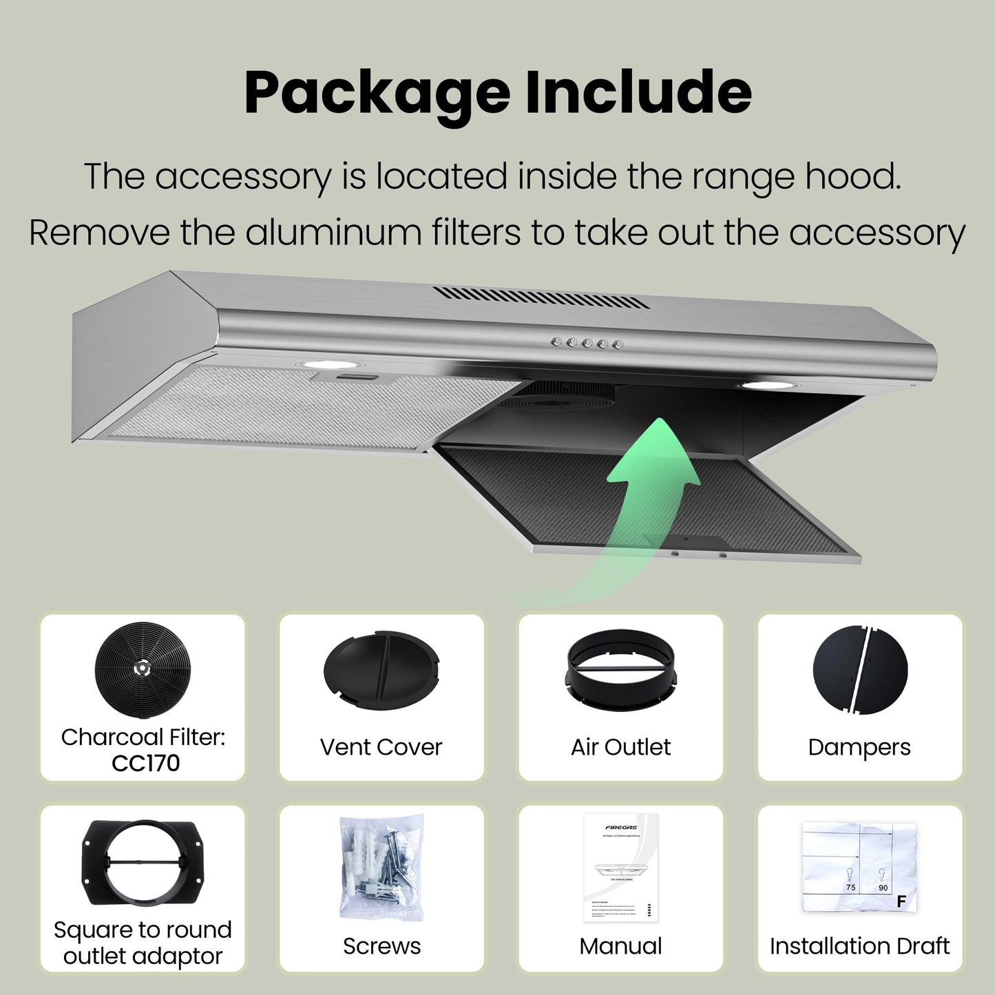 FIREGAS Under Cabinet Range Hood 30 inch, Ducted/Ductless Convertible Kitchen Hood Over Stove Vent, LED Light, 3 Speed Exhaust Fan, Reusable Aluminum Filters, Push Button, with Charcoal Filter