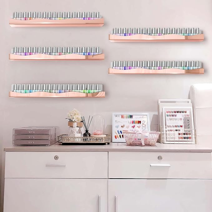 Wall-Mounted Nail Polish Organizer Rack - 15-Inch Rose Gold Mirror Finish Nail Polish Shelf, Makeup & Beauty Essentials Storage - Multi-Purpose Display Holder for Small Space, Vanity Bathroom, 6 Pack